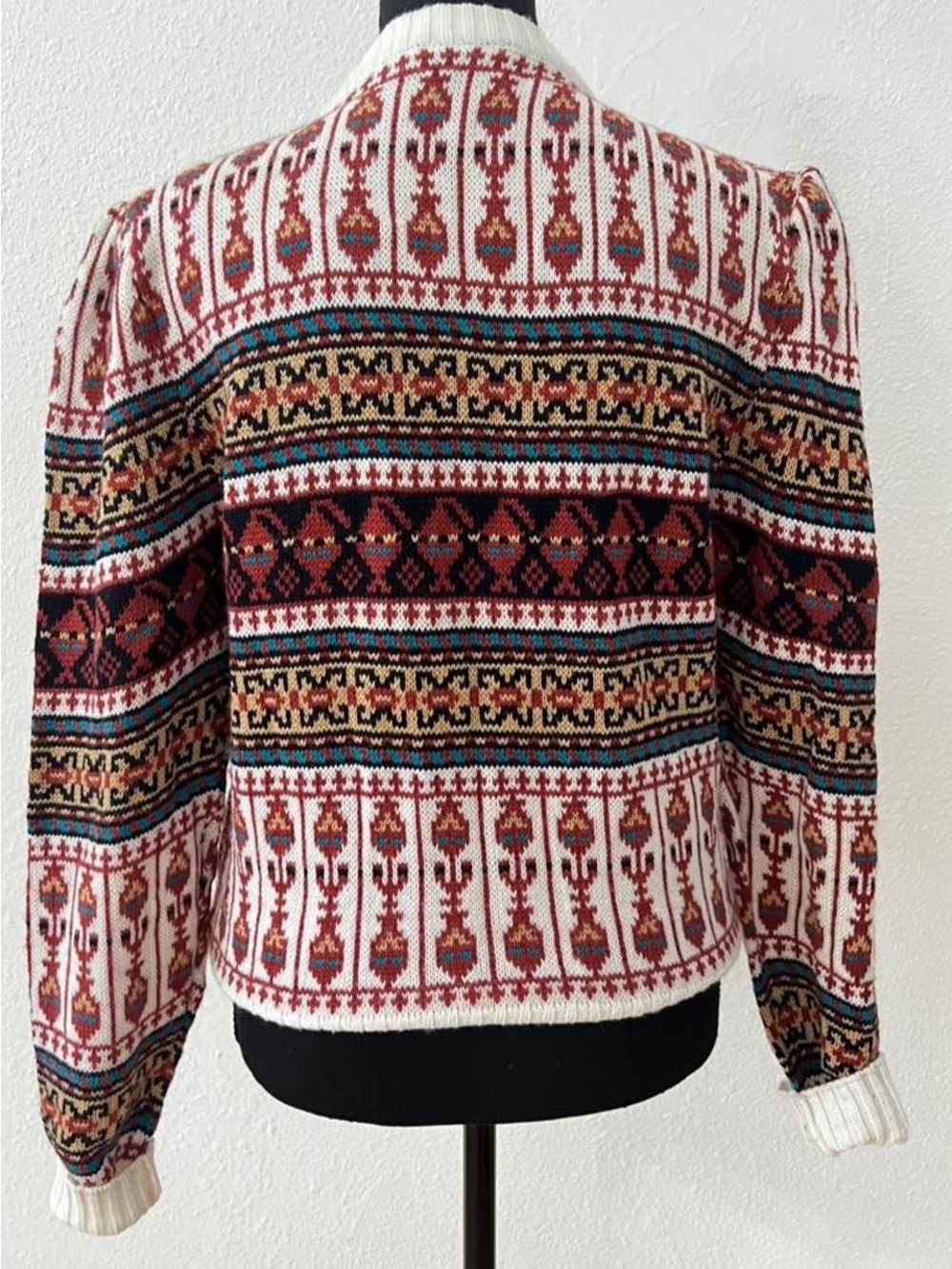 Vintage Fair Isle Puff Sleeve Knit Cardigan Sweater Folk Prairie Cottagecore M - Picture 2 of 6
